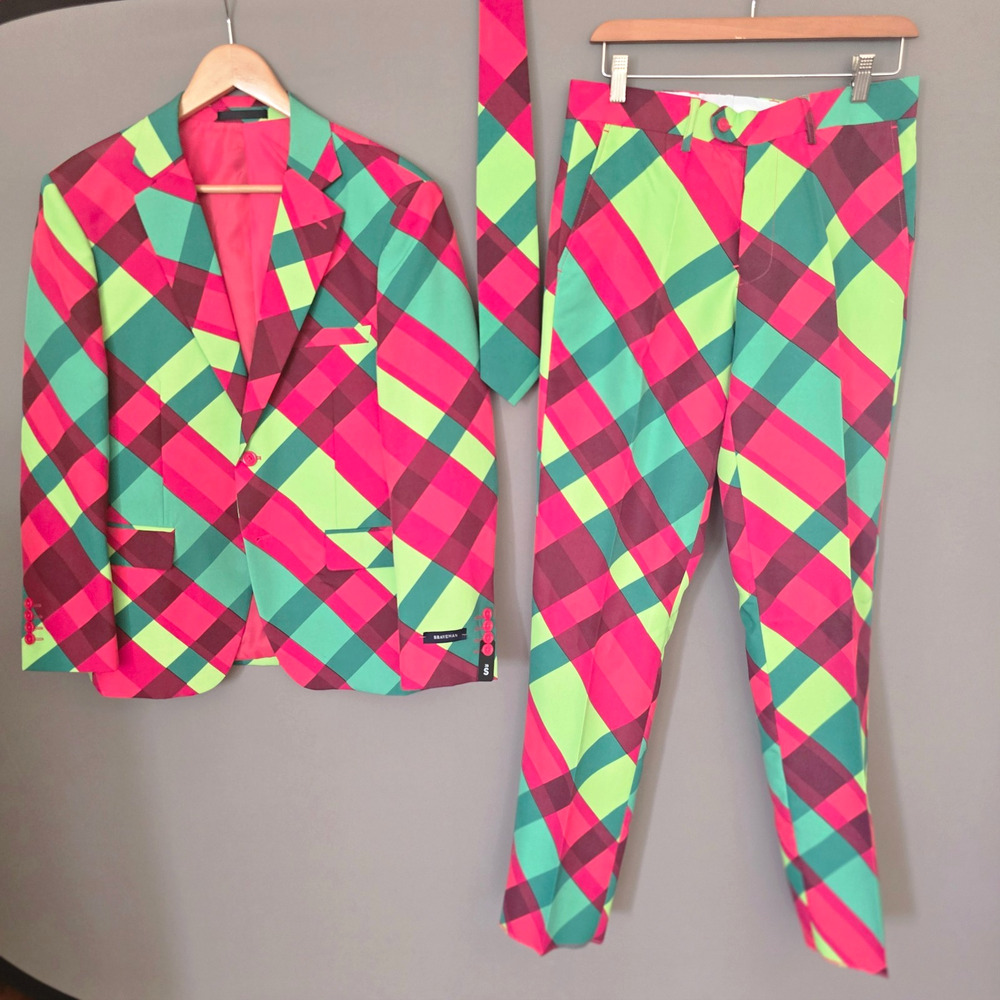 BRAVEMAN Men's Colorful Geometric 3 Piece Suit Jacket Pants Tie 38S 32W
